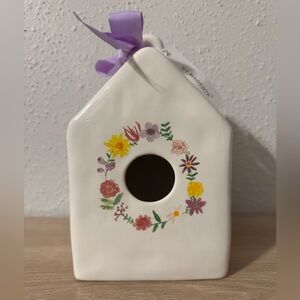 Rae Dunn White Birdhouse with Floral Design and Purple Ribbon